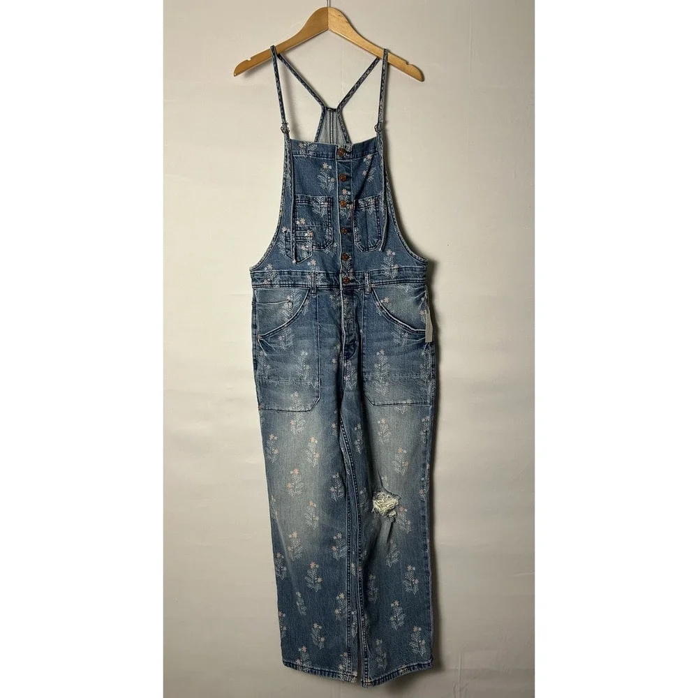 Pilcro Overalls Painters Womens 31 Floral Distressed Denim Boho Fairy Relaxed - Picture 1 of 11